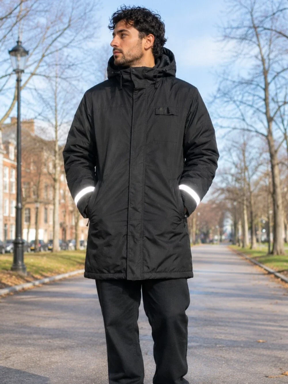 Evin Telescopic Sleeve Mens L Hooded Winter Jacket, Quilted, Black, Reflector